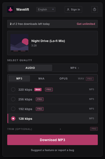 The Wavelift popup with MP3 quality options and a Download MP3 button
